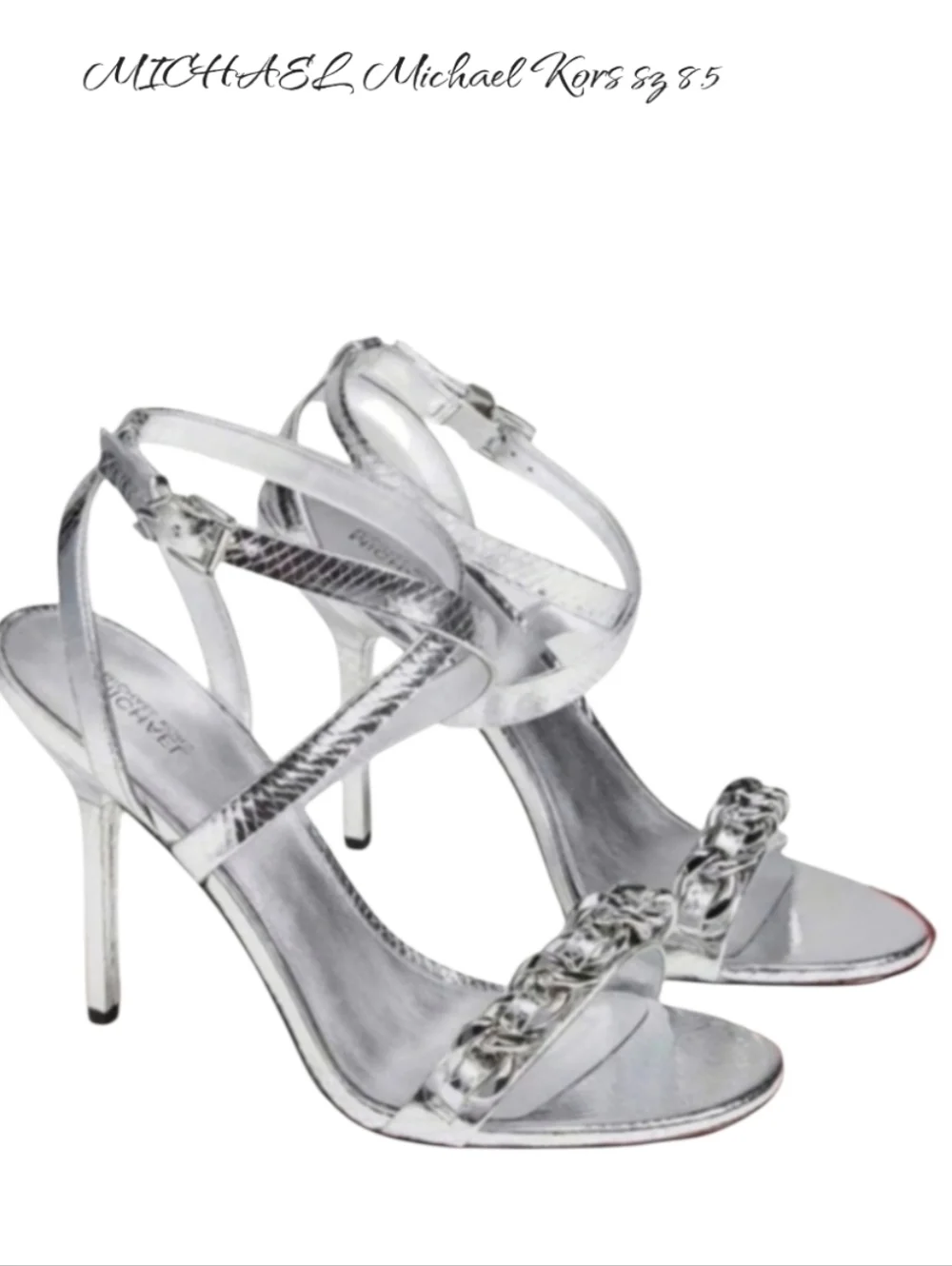 Michael Kors Asha Silver Snake Embossed Leather Chain Sandal Heels 8.5 NEW